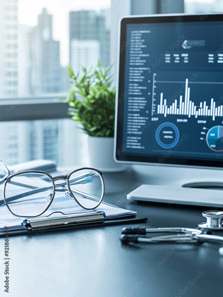 Poster a modern workspace features a computer displaying financial metrics for healthcare and biotech indus