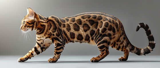 Obraz premium leopard in front of a white background An adorable Bengal cat with spotted fur isolated on white