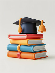 3D Flat Icon: Graduation Cap with Books and Bell Concept   Traditional School Life Symbol on Whimsical Background with Ample Space for TextGraphics   Isolated on White