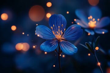A close-up shot of a delicate blue flower with golden stamens, illuminated by a dreamy glow of soft bokeh lights in the background.