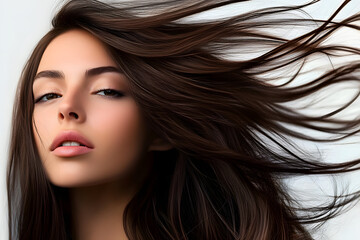 Fototapeta premium Portrait of a beautiful woman with a long hair. Young brunette model with beautiful hair - isolated on white background. Young girl with hair flying in the wind.
