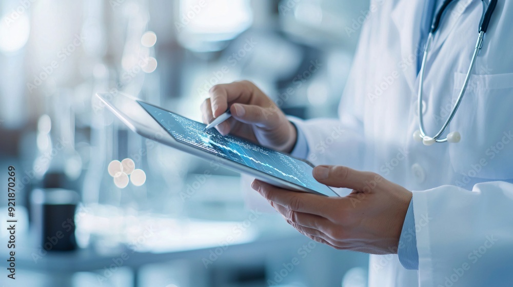 Poster a financial analyst reviews data charts on a tablet, with a focus on healthcare and biotech stock tr