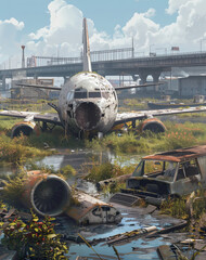 Fototapeta premium Aircraft wreckage in an abandoned area, generative ai