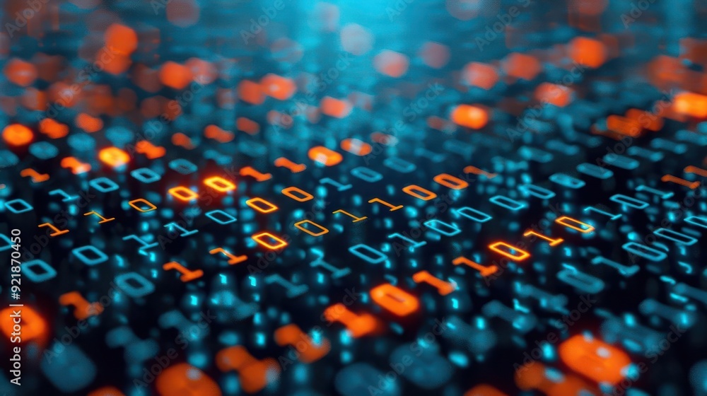Poster colorful digital binary code in a futuristic design, showcasing technology and data representation i