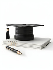 Dreamy 3D Graduation Cap with Notebook and Pen on White Background   Education and Documentation Concept