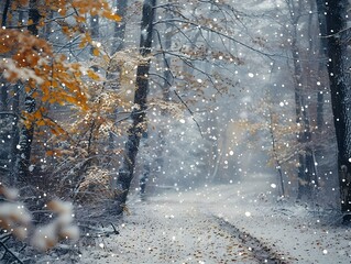 Snow-covered forest path with autumn leaves in a winter landscape