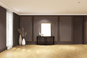3d render of illustration interior design relax room with classic modern style with frame mock up. Parquet floor, brown wall and white ceiling. Set 3