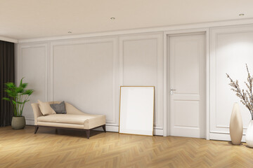 3d render of illustration interior design relax room with classic minimal style with frame mock up. Parquet floor, brown wall and white ceiling. Set 6