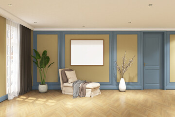3d render of illustration interior design relax room with classic vintage style with frame mock up. Parquet floor, blue, yellow, wall and white ceiling. Set 8