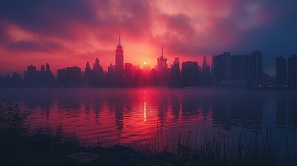 Obraz premium sunset over the city minimalist photo of a city skyline at sunrise 