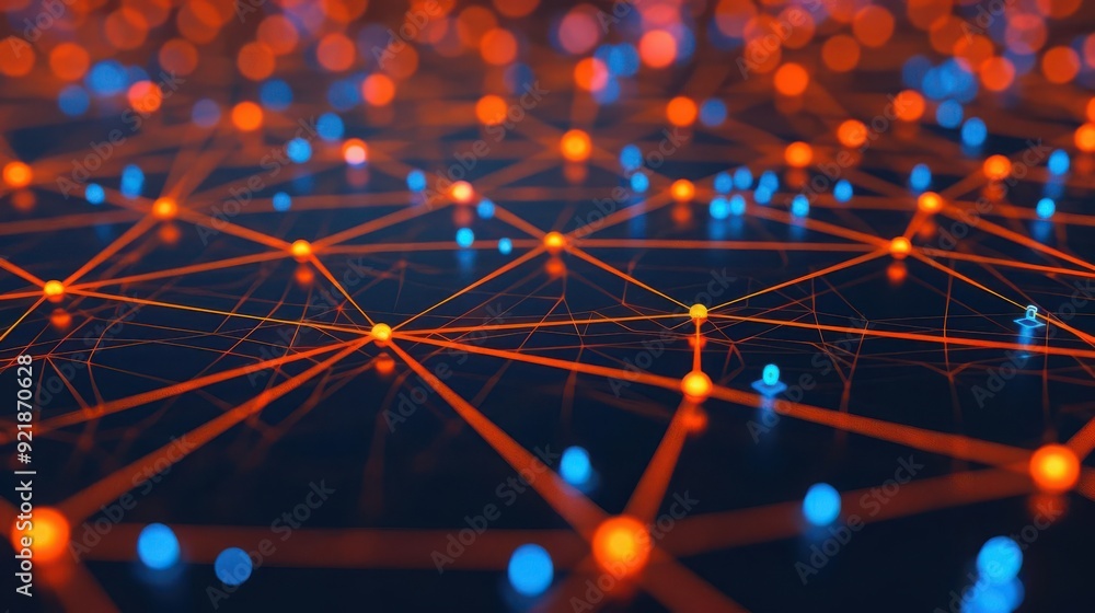 Poster vibrant abstract network of interconnected nodes showcasing blue and orange colors, illustrating dat
