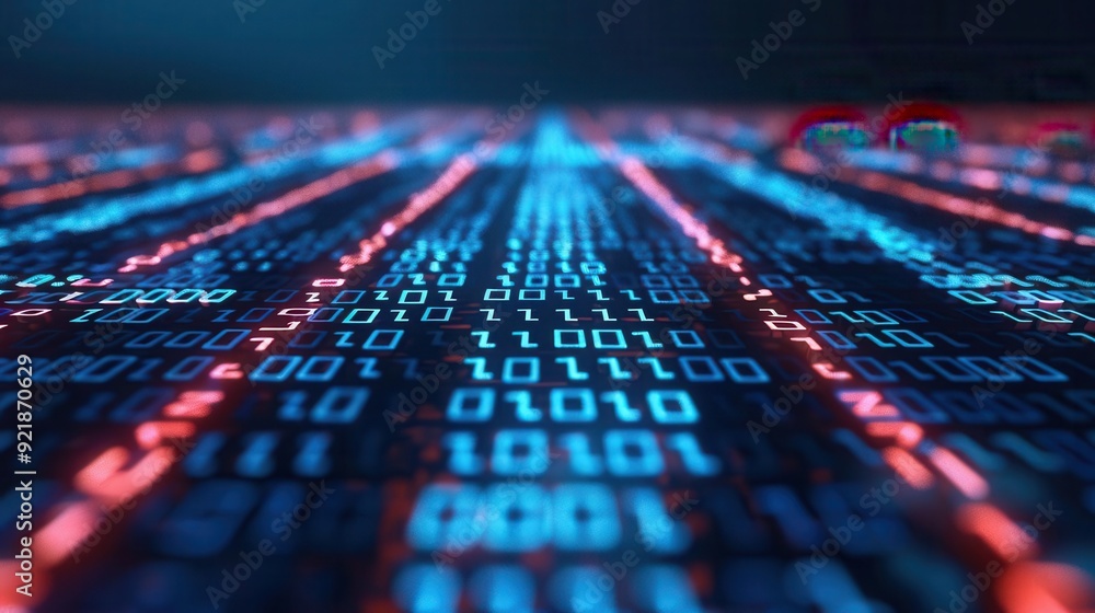 Poster shining binary bridges connecting communication hubs, luminous data connectivity