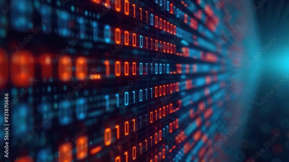 Poster vibrant digital background featuring glowing binary code in blue and red, symbolizing data flow and 
