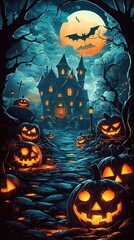 Fototapeta premium halloween poster, glowing pumpkins against the backdrop of a gothic castle, moon and cemetery with bats