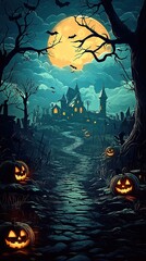 halloween poster, glowing pumpkins against the backdrop of a gothic castle, moon and cemetery with bats