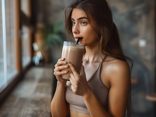 Woman enjoying a healthy smoothie indoors in a cozy setting during the morning