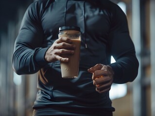 Man in a workout hoodie holding a protein shake in a gym while preparing for an exercise session