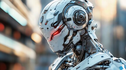 Fototapeta premium Close-up of a futuristic, white robot head with glowing red eyes and intricate mechanical details.