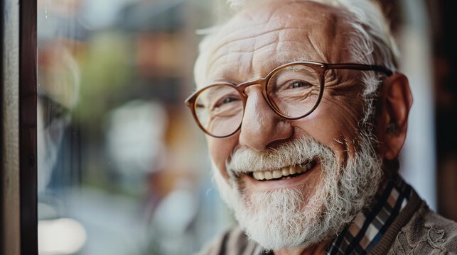 Ein fr&ouml;hlicher lachender &auml;lterer Mann mit Brille 