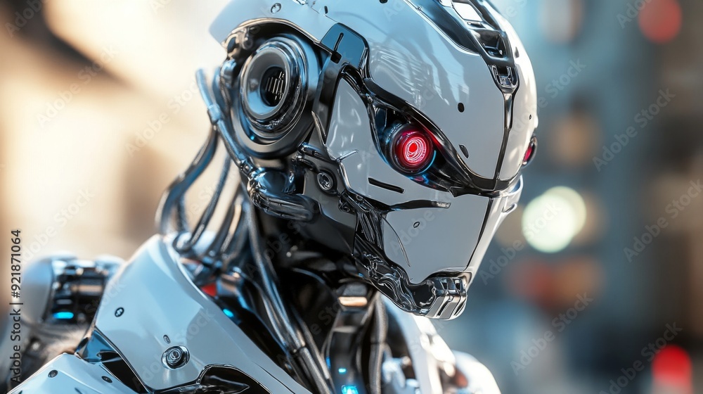 Poster close-up of a futuristic robot with a metallic head and red eyes.