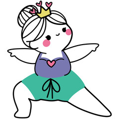 chubby girl yoga illustrations in various poses, wearing crowns and workout outfits, perfect for wellness designs
