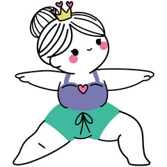 chubby girl yoga illustrations in various poses, wearing crowns and workout outfits, perfect for wellness designs