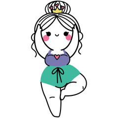 chubby girl yoga illustrations in various poses, wearing crowns and workout outfits, perfect for wellness designs