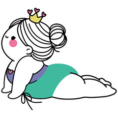 chubby girl yoga illustrations in various poses, wearing crowns and workout outfits, perfect for wellness designs