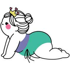 chubby girl yoga illustrations in various poses, wearing crowns and workout outfits, perfect for wellness designs