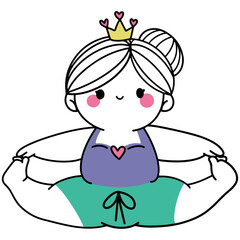 chubby girl yoga illustrations in various poses, wearing crowns and workout outfits, perfect for wellness designs