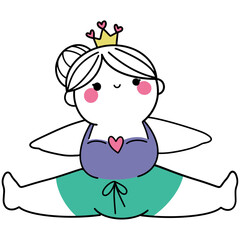 chubby girl yoga illustrations in various poses, wearing crowns and workout outfits, perfect for wellness designs