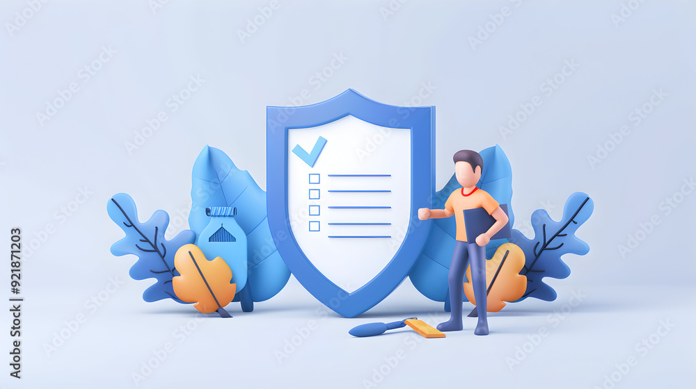 Poster 3d flat icon as it auditor with checklist and shield concept | it auditor symbolizing iso27001 compl