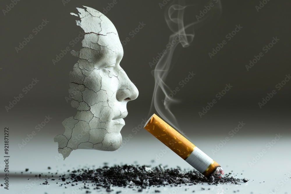 Poster artistic rendering of a smoking figure disintegrating symbolizing the transient impact of addiction