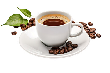 A Cozy Morning Ritual Enjoying Freshly Brewed Coffee With Aromatic Beans and Green Leaves on White or PNG Transparent Background.