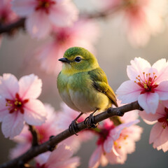 Obraz premium Small Green Bird Perched Among Pink Cherry Blossoms