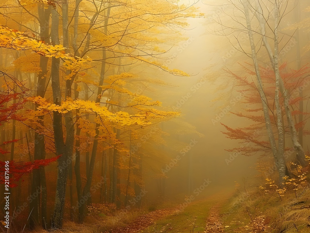 Poster foggy autumn path lined with colorful trees in a serene forest during fall