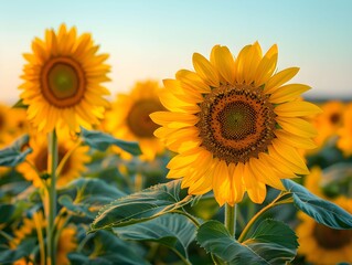 Obraz premium Bright sunflowers in a vast field during sunset, showcasing their vibrant yellow petals and intricate centers