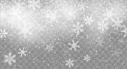 Realistic Christmas snowfall overlay with snowflakes on vector transparent background. Winter snow effect of falling snowflakes or snowfall with realistic snowy wind layers for Christmas background