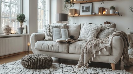 A stylish living room showcases a cozy sofa with cushions and a blanket, a book open on the coffee table, and soft lighting enhancing the inviting atmosphere