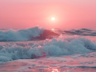 Fototapeta premium Sunset over the ocean with gentle waves and pink sky at a beach location
