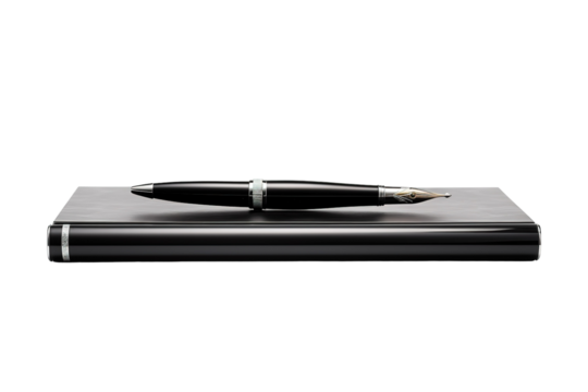 Elegant Black Notebook and Pen Nestled Together on Clean White Surface on White or PNG Transparent Background.