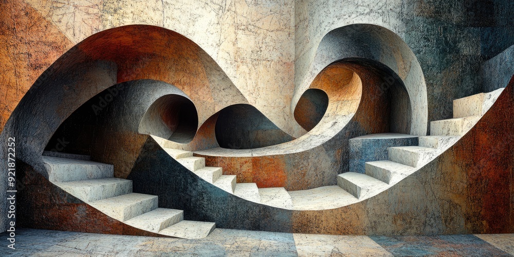 Poster abstract stone structure with intertwined arched passages and steps