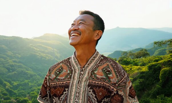 Joyful Malaysian Man Smiling at Scenic View in Traditional Batik Shirt