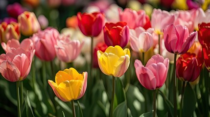 A bed of tulips in various shades of pink, red, and yellow, gently swaying in the breeze.