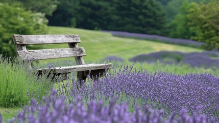 A field of blooming lavender with a rustic wooden bench overlooking the scene.