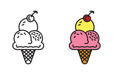 Cheerful Ice Cream Cone Coloring Page for Kids - Delicious Dessert Coloring Book for Adults and Teens