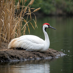 Obraz premium Japanese Red-crowned Crane Resting by the Riverbank