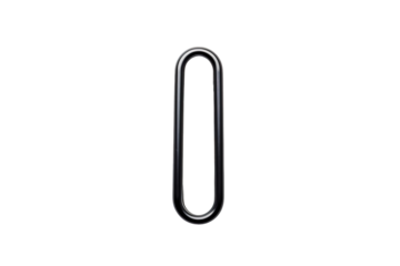 Unique Black Paper Clip Positioned Vertically on a Clean White Surface on White or PNG Transparent Background.