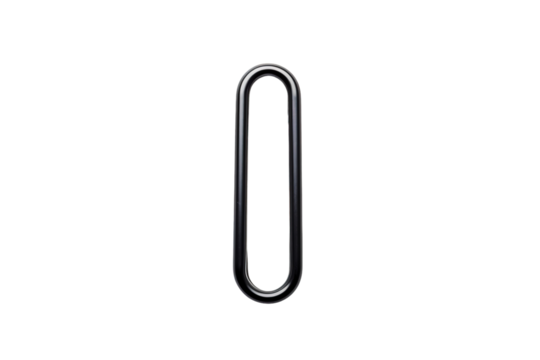 Unique Black Paper Clip Positioned Vertically on a Clean White Surface on White or PNG Transparent Background.
