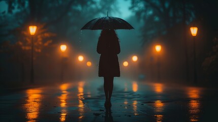 A silhouette of a person holding an umbrella strolls through a park, illuminated by streetlamps in the soft rain during a moody evening